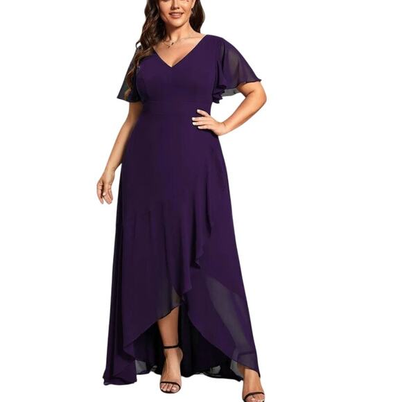 Ever Pretty Purple High Low Elegant Lotus Sleeves Chiffon Bridesmaid Dress Large - Picture 1 of 7
